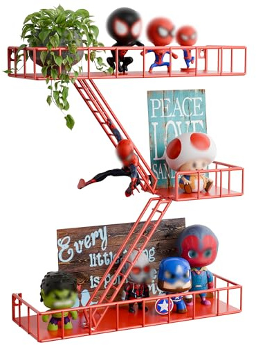 Fire Escape Regal – 3-stöckiges Metallregal, großes rotes Feuerflucht-Wandregal, New York Actionfiguren-Ausstellungsregal, dekoratives Wandregal, einzigartige rustikale schwebende Regale für