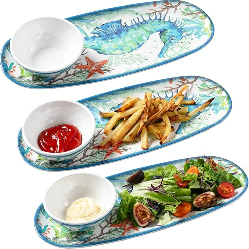 LEHAHA Coastal Chip and Dip Serving platter Set, Set of 3, Melamine Bowl and Tray Gift Set,Serving Dishes for Entertaining, Small Serving Bowls for Side Dishes, Salsa, Appetizers, Condiments.