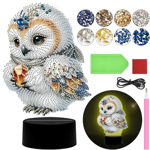 Demiawaking Diamond Painting Nachtlicht Tischdeko Tiere, Diamant Malerei Nachttischlampe Tischlampe LED Deko Eule Schmetterling Set, DIY 5D Diamant Painting Lampe für Geburtstag Geschenke (Eule 01)
