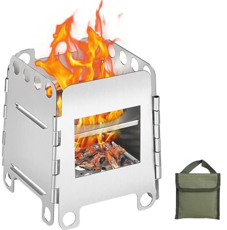 SWAWIS Campingkocher Holz Faltbar Tragbar, Hobo Kocher aus Edelstahl, Buschbox Mini mit Aufbewahrungstasche, Klein Holzvergaser für Picknick BBQ Kochen Camping Outdoor(8.7x10.7x7.8cm)
