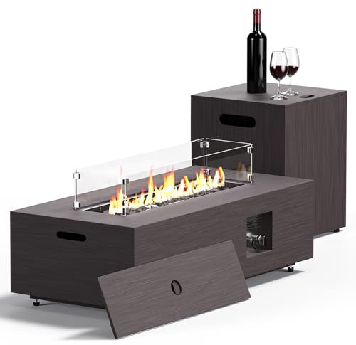 Jocoevol - Juego de 2 brasero de propano de 106,7 cm, Mesa de Chimenea Exterior 50.000 BTU, Chimenea Rectangular de Gas con Mesa de depósito de 9 kg, protección contra el Viento, Funda Impermeable,