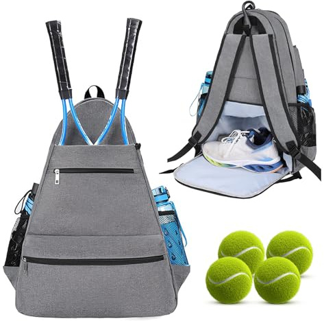 Zaino da Tennis Professionale per Uomo e Donna con Scomparto Scarpe, Grande Capacità con Molte Tasche per Racchette da Tennis, Pickleball, Badminton e Scarpe (Grigio)