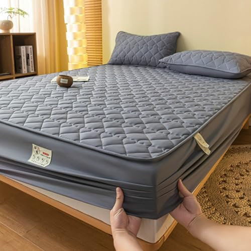 AMDXD 180x220cm Betthusse mit 2er Kissenbezüge Set 3tlg Gepolstert, Herz Muster Spannbettlaken für Topper Einfarbig Dunkelgrau, Polyester Baumwolle Tagesdecken für Boxspringbett Topper