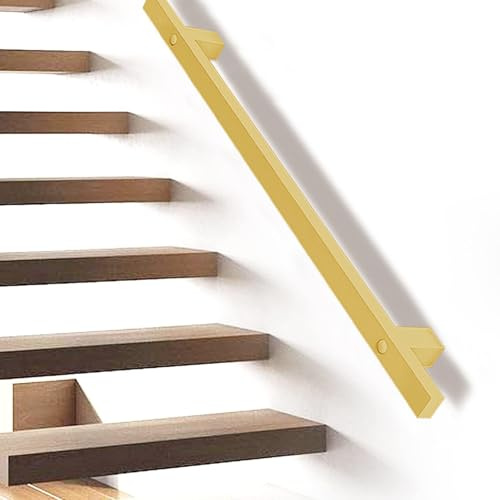 Hamankim Gold Handrail for Stairs, 1m 2m 3m 4m 5m 6m Wall Mounted Staircase Railings for Loft Balconies Corridor, Metal Wrought Iron Square Pipe Banister Safety Grab Bar(2ft/60cm)