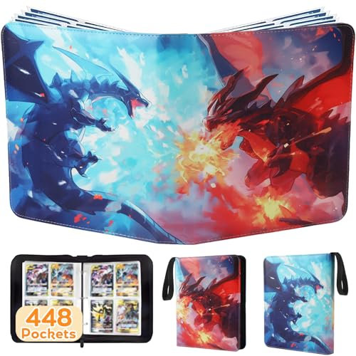 Raccoglitore di carte con 4 tasche, porta carte da 448 con 56 maniche rimovibili, libro sportivo con cerniera a 3 anelli compatibile con TCG, MTG e carte da gioco, album da collezione