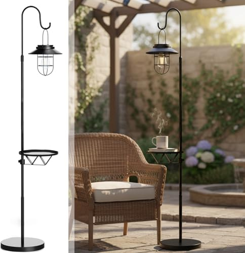 Kirschblüte Solar Floor Lamp with Table, 60 Outdoor Shepherd Hook with Solar Light Waterproof Metal Side Table for Patio, Heavy Duty Solar Pole Light for Garden, Deck, Porch and Backyard Decor