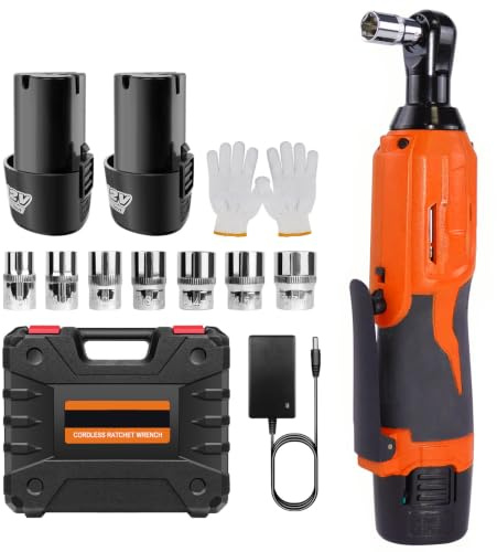 Huini 12V Cordless Ratchet Wrench, 3/8 Electric Ratchet Wrench Kit 40N.m, 300 RPM,Impact Drive Ratchet Rattle Nut Gun with 2 x Lithium-Ion 1.5Ah Battery and Fast Charge,7 PCS Sockets,Orange/Black