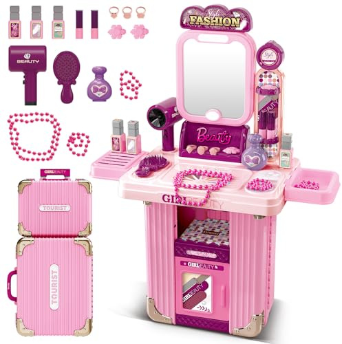 deAO 2-en-1 Tocador De Maquillaje Niña con Maleta y Accesorios de Princesa