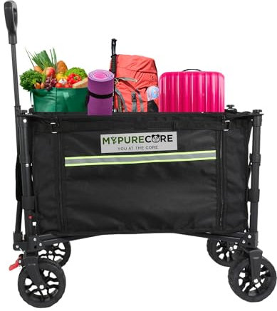 MYPURECORE Heavy Duty Foldable Wagon Trolley with Wider Wheels & Brake – 120L Festival, Beach, Camping Cart for Kids, Dogs & Gardening – Collapsible Garden Pull Trolley, 100kg Load Capacity