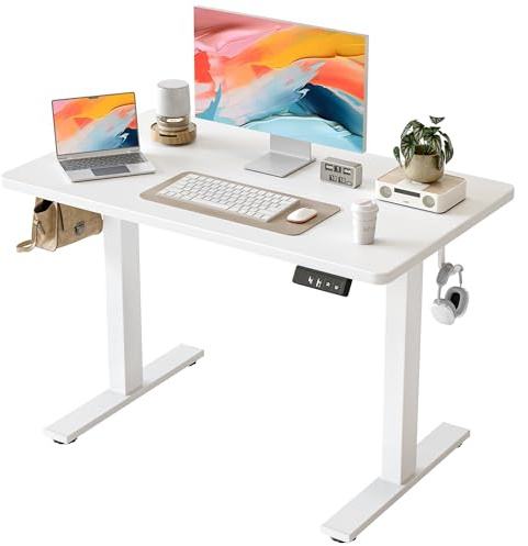 TIQLAB Height Adjustable Electric Standing Desk, 40 x 24 inch, Sit Stand Up Desk, Splice Board, Computer Home Office Desk, White Top
