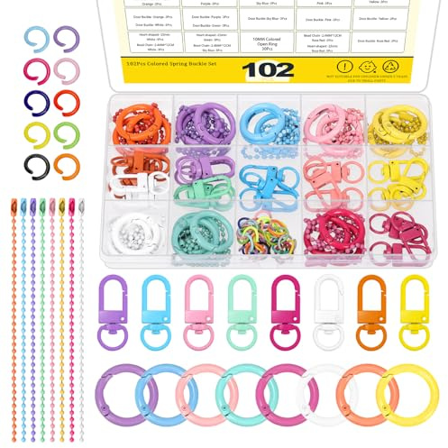 Mardatt 102 Stück Bunte Trigger Frühling O-Ringe mit Hummer Claw Verschlüsse Kit, Metall Schlüsselanhänger Snap Haken Schnalle Taschenverschlüsse und Jump Ring Kugelperlen Kette,DIY Project