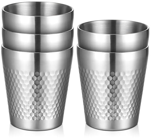 LEKEFETO 5 Stück Edelstahlbecher 300ml mit Diamantstrukturierte| Doppelwandig isoliert, stapelbar & bruchsicher | SUS304 Lebensmittelecht (Silber) - Spülmaschinenfest für Gastro, Haushalt & Outdoor