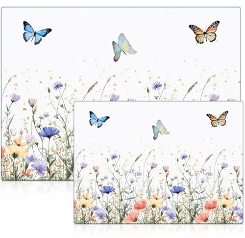 LemonRoad 2 Pcs Tempered Glass Cutting Board for Kitchen Counter, Flower Butterfly Decorative Cutting Board with Anti-slip Feet, Gift for Mother's Day, 12''x16'' & 8''x12'', Dishwasher Safe