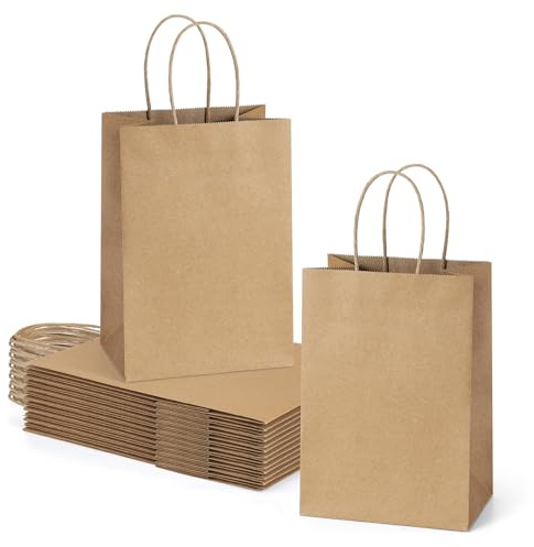 Eupako 50 Stück Geschenktüten 15x8x21cm, Papiertüten mit Henkel Braune | kleine, Für Hochzeit, Geburtstag, Einzelhandel, Verkauf & Gemischtwarenladen, Leicht und tragbar,100g/m²