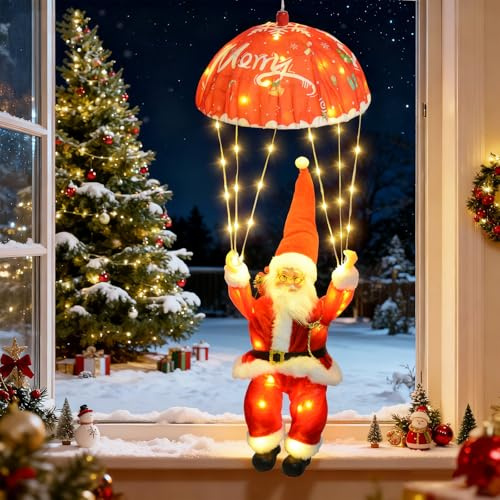 Qoosea Weihnachtsmann Fallschirm Lichterkette, 63CM 88 LED Weihnachten Lichterkette USB mit Timer, 8 Modi Weihnachtsbeleuchtung für Weihnachtsbaum Fenster Balkon Innen Außen Weihnachtsdeko, Warmweiß