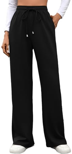 MEDUOLA Pantalon Fluide Femme Décontracté avec Cordon Elegant avec Poches Pantalon de survêtement Droit à Jambes Larges Printemps Automne Jogging (M,Noir)