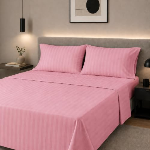 Completo Lenzuola Suite in Microfibra Tinta Unita a Righe Tono su Tono – Lenzuolo Sopra, Sotto con Angoli e Federe – Matrimoniale e Singolo – 6 Colori Disponibili (Rosa, Matrimoniale)