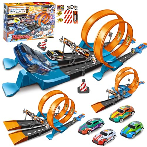 PATEMZON 3 In 1 Modus Autorennbahn mit 4 Spielzeugautos, 40+PCS Auto Rennbahn mit Looping&U Track, Rennstrecke Auto Spielzeug Flexibel mit 360° Drehung, Rennbahnset Geschenke für Kinder ab 3+Jahre (B)