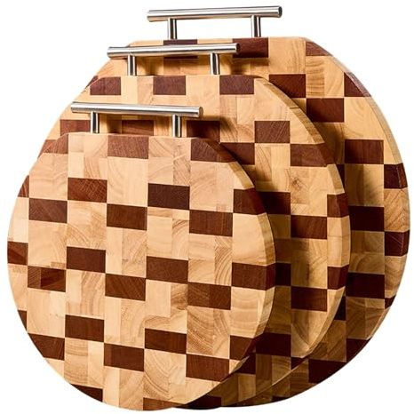 COZIHN Planche à Découper en Bois Ronde Double Face - Motif Damier Ébène et Hévéa avec Poignée Métallique - Idée Cadeau pour la Famille - 3 Tailles (S-31.5x30x2.5cm)