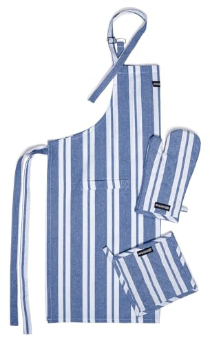 Encasa XO Grembiule da Cucina, Guanti da Forno e Presina Franca Strisce Blu