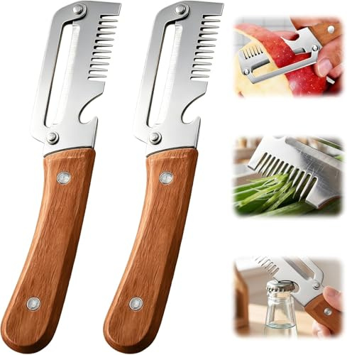 2 Pack Multifunctional Vegetable Peeler,3 in 1 Multi Functional Wooden Handle Peeler and Bottle Opener,Peeler Knife for Fruit Pumpkin Peeling Potato Carrot Veggie Peeler