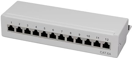 tsnetworks CAT.6a 12 Port Patchpanel/Patchfeld 12x vollgeschirmte RJ45 Buchsen 10GBit, Metallgehäuse lichtgrau, LSA + Schneidklemmen AWG22-26