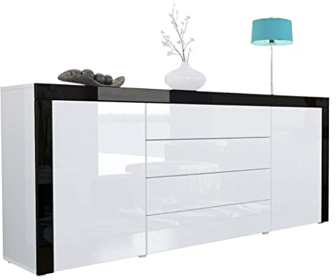 Vladon Sideboard Kommode La Paz, Made in Germany, Korpus in Weiß Hochglanz/Front in Weiß Hochglanz mit Rahmen in Schwarz Hochglanz