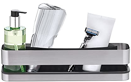 blomus -NEXIO- Duschkorb aus mattiertem Edelstahl, praktischer Kunststoffeinsatz für vereinfachte Reinigung, inkl Halterung, exklusives Badaccessoire (H / B / T: 8,5 x 34 x 8 cm, Edelstahl, 68942)