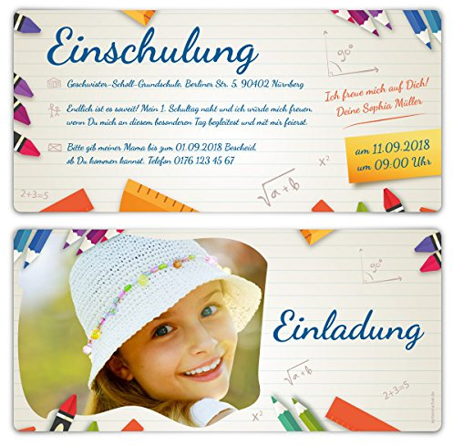 Kartenmachen.de individuelle Einschulung Einladungskarten ab 10 Stück selbst gestalten, Einschulungskarten - Heftnotiz Motiv, DIN Lang 210x98mm, dickes 300g/qm Kartonpapier, mit Ihrem Bild und Text