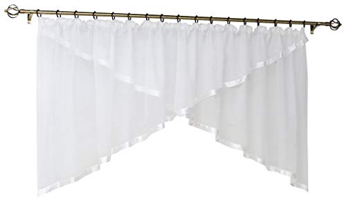 Joyswahl Voile Scheibengardinen Kuvertstore Gardinen mit Kräuselband »Flora« Kurzstore mit farbigen Satinband Vorhänge BxH 400x120cm Weiß 1er Pack