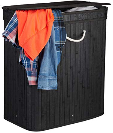 Relaxdays Bambu tvättkorg, rektangulär tvättsorterare, 2 fack, fällbart lock, platsbesparande vikbar, 95 l, svart, 63 x 55 x 35 cm