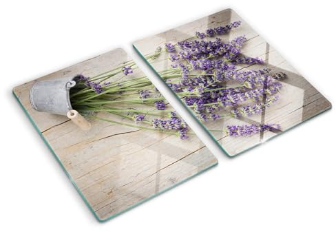 Glasschneidebrett 2x40x52 cm Hitzebeständig Gehärtetes Glas Rutschfest Silikonfüße Plastikfrei Lebensmittelecht 2 Stück Glasplatte Antibakteriell Dekorativ für die Küche - Lavendel im Topf