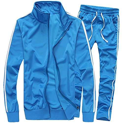 MACHLAB, Tuta sportiva da uomo, con cerniera intera, calda, set sportivo casual, Azzurro chiaro, X-Large