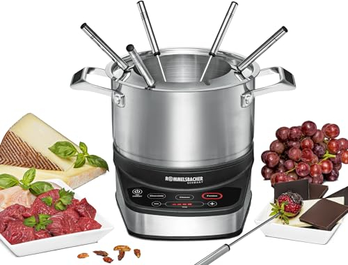 ROMMELSBACHER Elektro Fondue Set F 1200 - Fonduetopf aus Edelstahl (2,5 Liter), 6 Fonduegabeln, 3 Programme, extra langes Kabel, hohe Temperaturgenauigkeit, 1200 Watt
