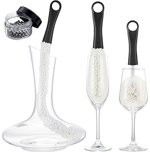 3 Pieces Wine Decanter Cleaning Brush Flexible Bottle Scourer with Stainless Steel Decanter Cleaning Balls Multi-Function Household Cleaning Tools for Goblets/Champagne Flutes/Cups/Glasses (Black)