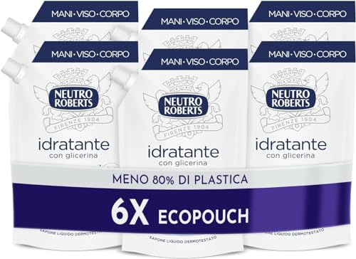 Neutro Roberts, Ecopouch Flüssigseife feuchtigkeitsspendend mit Glycerin, umweltfreundliche Nachfüllung von Flüssigseife für die Hände - Dermatologisch getestet, ohne Seife - 6 Flaschen à 400 ml