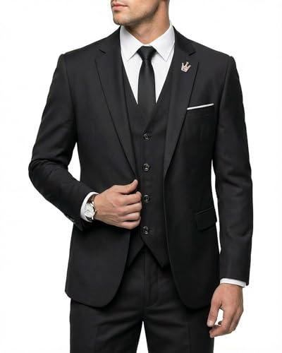 MY'S Men's 3 Piece Solid Suit Set, One Button Slim Fit Jacket Vest Pants with Tie, Black