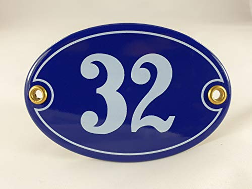 Emaille Hausnummer Schild Nr. 32, oval, Blau-Weiß Handarbeit