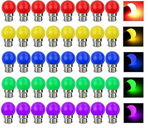 V-TOO LED Bunte B22 Bajonett Birne Farbige Glühbirnen 3W = 30W 240 Lumens AC220V-240V Dekoratives Licht und Design Ambiente Leuchtmittel in Klasse Golfball Form Gemischte Farben - 40er Pack