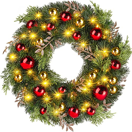 Ulinek Christmas Wreath, 40 LED Wreath Decoration Xmas with Timer for Front Door, Door Hanging Garland Light up Christmas Wreath Battery Operated Decor Artificial Wreath Indoor for Door Window Wall