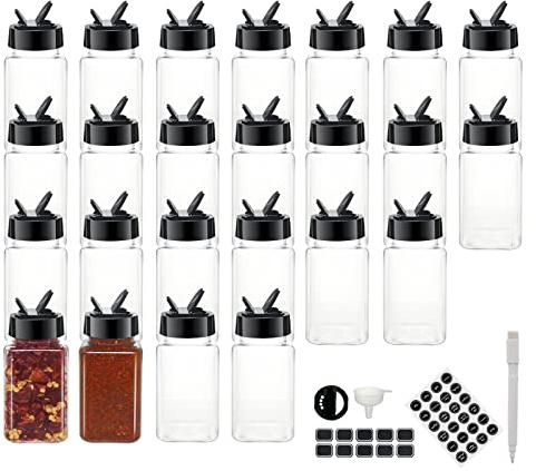 BPFY 24 Pack 4oz Clear Plastic Spice Jars With Black Plastic Lids, Square Spice Bottles, Seasoning Containers with Chalk Labels, Pen, Funnel, Spice Containers For Kitchen Cabinet