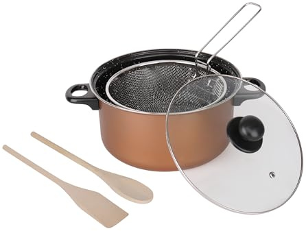 Almineez 5pc Black Non Stick Chip Pan Set Fryer Deep Fat Frying Basket Pot W Glass Lid 2l - 24cm Suitable for Gas, Electric and Solid Hotplates