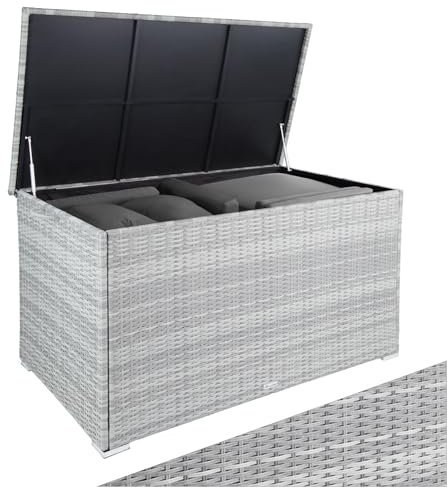 TecTake® Coffre de jardin Exterieur, Coffre à Coussins 750 L en Aluminium Polyrotin 145 x 82,5 x 79,5 cm, Couvercle Rabattable, Poignées pour Rangement des Outils de Jardin, Jouets