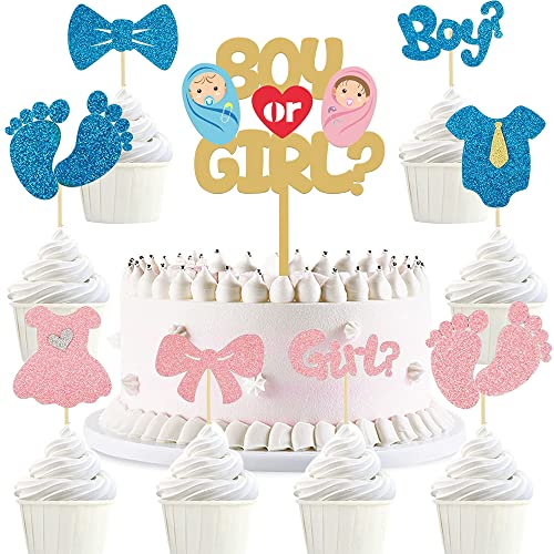 MEZHEN Tortendeko Boy or Girl Kuchen Deko Gender Reveal Cupcake Topper Junge oder Mädchen Muffin Deko Baby Shower Torte Deko Glitzer Kuchendeko Kindergeburtstag Geburtstag