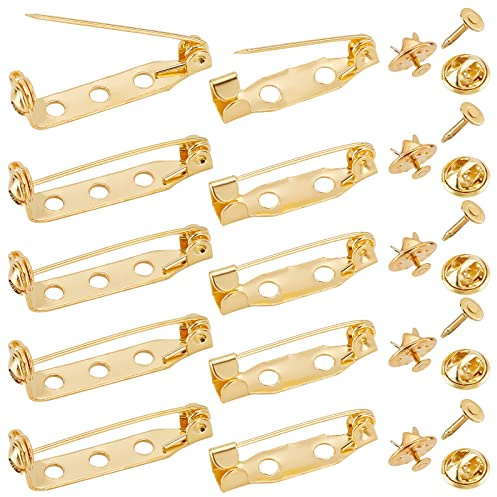 SUNNYCLUE 1 låda 120 st gyllene broschnål kit inklusive 40 uppsättningar järn nålar slipsnål & 80 st bar brosch fynd säkerhetslås för emblem slips kläder hantverk smycken spänne