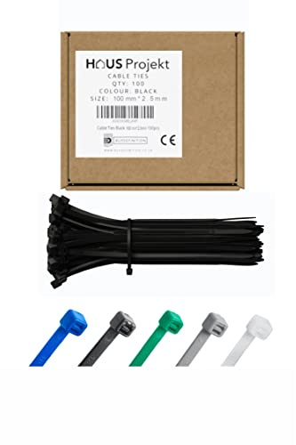 Haus Projekt Black 100x2.5mm Small Cable Ties, 100pcs Premium Industrial Multi-Purpose Plastic Small Zip Tie Wraps, Indoor and Outdoor Use, Cable Management Wires, Office, Zip Ties Black Plastic Ties