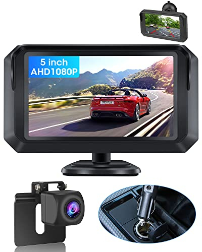 【Exklusiver Stil】 5 Zoll Rückfahrkamera Auto AHD 1080P Rückfahrkamera mit Monitor Zwei Arten der Installation DIY Parkleitlinie IP68 wasserdichte Rückfahrkamera 12V-24V