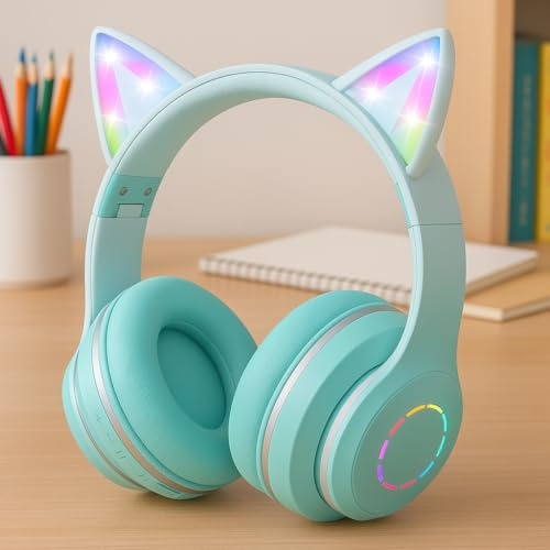 OHAANYY Kinder Kopfhörer Katzenohren, Farbgradient Over-Ear Wireless Grün | Kinder-Kopfhörer mit Mikrofon: Kabellos, faltbar, bunte LED-Katzenohren, schickes Farbgradient-Design & AUX-Modus.