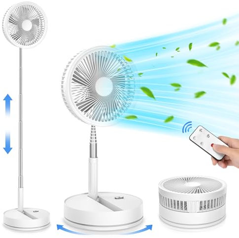 GerTong Portable Oscillant Ventilateur sur Pied Silencieux - 8'' Pliable Ventilateurs avec Télécommande 7200mAh USB Rechargeable Minuterie Table Fan pour Bureau Chambre Blanc