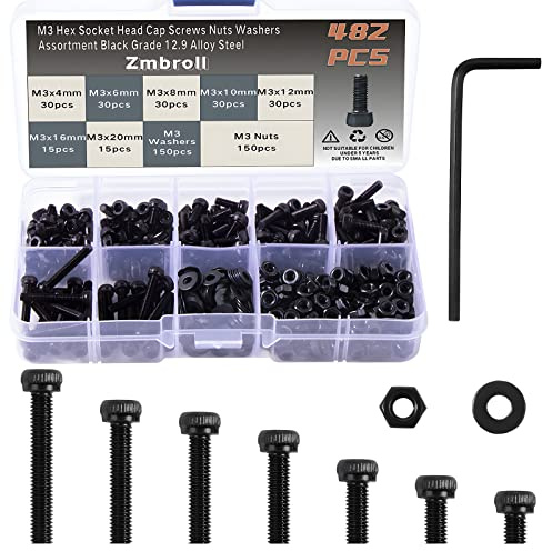 Zmbroll M3 480Pcs Black Hex Socket Screws Metric Thread Hexagon Alloy Steel 12.9 Grade Allen Machine Bolts Nuts Washers Assortment Kit with Wrench Key